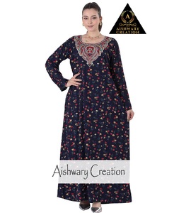 Vestido Midi de verano informal para mujer, holgado, algodón, estampado Floral, cuello bordado, ropa de dormir, venta al por mayor, diseño caftán, estilo Maillard - Product Image 1