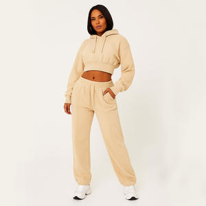 ชุดวอร์มฤดูหนาวของผู้หญิงมีฮู้ดแบบครอปอบอุ่นพร้อมกางเกงผ้าฟลีซสำหรับใส่วิ่ง - Product Image 1