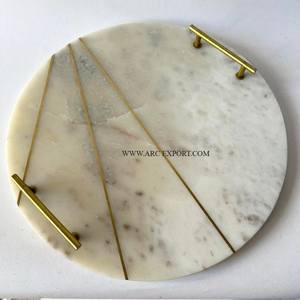 Plateau de nourriture et de dessert en marbre de forme ronde de qualité supérieure avec poignées en métal Plateaux de service décoratifs faits à la main les plus vendus - Product Image 1