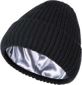 Unisex Satin Silk Lined <b>Slouchy</b> <b>Beanie</b> Warm Knit Cuffed <b>Hat</b> - Product Image 1