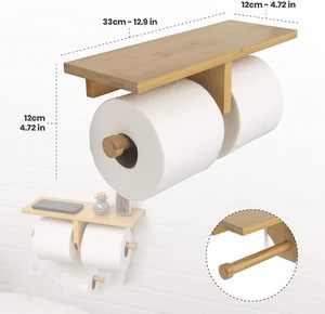 Porte-papier hygiénique avec double porte-rouleau Porte-papier hygiénique en bois mat Étagère de rangement pour papier hygiénique avec lingettes humides - Product Image 6