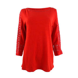 Cardigan Casual da Donna Charter Club, Stile Bohémien con Inserti all'Uncinetto, Stampa Floreale Rossa, Asimmetrico con Bottoni e Pizzo, Taglia Piccola - Product Image 1