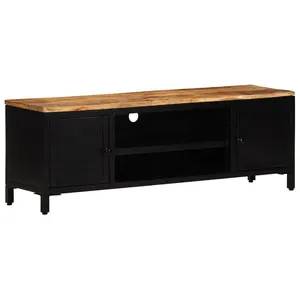 Solid Rough Mango Wooden Top Metal TV Stand Media Console Black Powder Coated Metal Frame Two Doors Center Open Shelf TV Stand