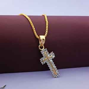 Fabricante indio, cadena con colgante de Cruz de cristal CZ chapada en oro para mujer, collar de piedra de circón, conjunto de regalo, joyería de tonos plateados - Product Image 2