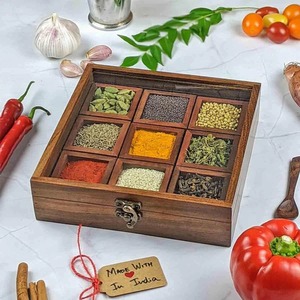 Boîte à épices en bois artisanale avec plusieurs compartiments Organisateur de rangement de cuisine traditionnel pour épices, herbes et condiments - Product Image 5