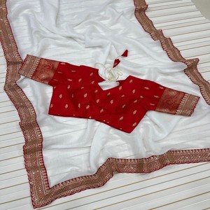 Sari de chifón VASTRA COTTAGE Puja Special Heavy Fandy con borde de lentejuelas y cordón, combinado con blusa de contraste de seda Dola - Product Image 2