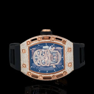 Reloj de Lujo Premium con Incrustaciones de Moissanita en Oro Rosa, Diseño de Calavera, Correa de Goma Negra, Estilo Hip Hop, Personalizable - Product Image 3