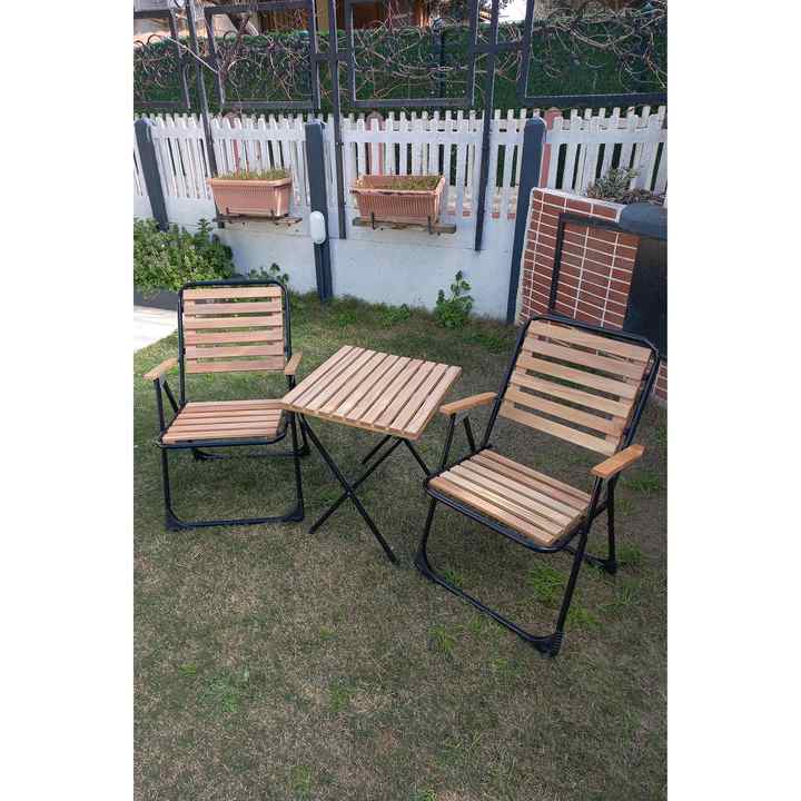 Single Person Foldable Camping Beach Picnic Chair Wooden Seating Area Metal Black Skeleton Body