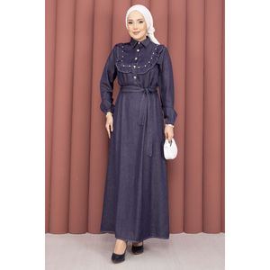 Robe en denim Tencel bleu marine avec col à volants, style chemise décontractée semi-boutonnée, manches courtes, plissée, pour l'été - Product Image 3