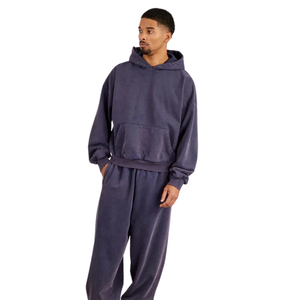 <b>Purple</b> Grey Acid Washed <b>Hoodie</b> Tracksuit <b>Men</b> Oversized Fleece Pullover Sweatshirt Jogger Pants Set Minimal Streetwear Winter - Product Image 5