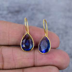 Pendientes de Plata de Ley 925 con Baño de Oro y Tanzanita en Forma de Pera, Diseño Único y Moderno para Mujer, Regalo para Bodas y Fiestas - Product Image 2