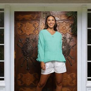 Túnica étnica india con bordado Floral para mujer, Túnica de verano para mujer, escote redondo y parte inferior con corte de trabajo, Túnica informal de manga completa - Product Image 1