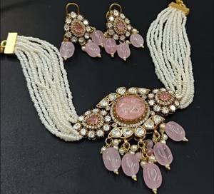 Fashionable Matt Gold Plated Polki Kundan Necklace <b>Set</b> Earrings Stylish <b>Jewellery</b> <b>for</b> <b>Wedding</b> and Anniversary Celebrations - Product Image 6