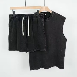 New Custom High Quality Acid Wash tank <b>Top</b> and Shorts Set Streetwear Vintage Sleeveless Tee Shirt Shorts Sets for Men - Product Image 2