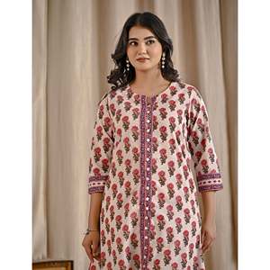 Kurti Aline de Algodón Estampado en Bloques Rosa para Niñas/Señoras, Última Moda Étnica India, Prenda Cosida para Uso Diario y Ocasiones Especiales, Estilo Butti - Product Image 1