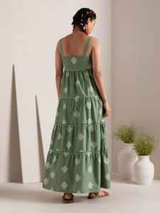 เดรสแม็กซี่ยาวลำลองสำหรับผู้หญิง, เดรสคอวีปักลายลูกไม้โบว์วัสดุผ้าฝ้ายซาตินซักได้สำหรับฤดูใบไม้ผลิ - Product Image 3