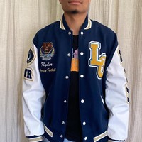 Großhandel Navy & White Wolle Leder Varsity Letterman Jacke College & University Maßge schneiderte Logos Chenille Stick jacke