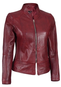 Maroon Winter Best Selling Women Cow <b>Skin</b> Leather Jacket with Stand Collar Knitted Breathable Design - Product Image 3