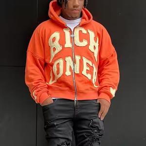 Fabricant de sweatshirts à capuche à fermeture éclair complète avec lettres appliques brodées sur mesure 500GSM Thick Terry Men Hoodies & Sweatshirts Crop Hoodies - Product Image 6