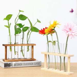 Jarrón de madera natural con soporte de tubo de vidrio para flores Decoración de escritorio de oficina en casa moderna Centro de mesa - Product Image 3