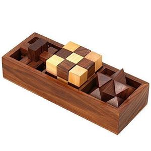 Jeu de puzzle Tic Tac Toe artisanal en bois brun, 3 en 1, blocs imbriqués, serpent diagonal, cube Burr, décoration d'intérieur parfaite, stimulant l'esprit - Product Image 2