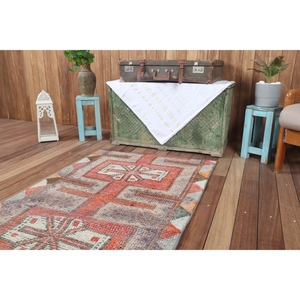 Alfombra Turca Vintage de 2.9x7.2 pies, Alfombra Pequeña, Alfombra Geométrica Rosa Herki - Product Image 5