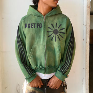 Ensemble survêtement vintage en coton délavé avec capuche double à fermeture éclair, imprimé personnalisé et rayures brodées, pantalon de survêtement ample à ourlet brut - Product Image 2