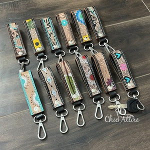 2025 Hot Selling Hand Tooled Leather Wristlet Key <b>Chains</b> Stylish Real Cow Leather Metal Key Fob Custom Cute Key Clip for Women's - Product Image 1