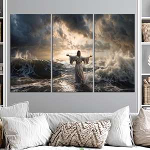 Cuadro en Lienzo de Jesús Caminando sobre el Agua, Obra de Arte Espiritual para el Hogar y la Iglesia, Juego de 3 Cuadros en Lienzo - Product Image 1