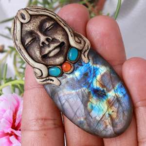 Collar de arcilla polimérica de labradorita, colgantes, cuentas chapadas en oro, fabricación de joyas, abalorios de patrón numérico con perlas, piedra principal - Product Image 4