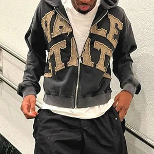 Sweat à capuche surdimensionné pour hommes de haute qualité patchs personnalisés sur le devant pull à capuche conception de fermeture éclair de détresse - Product Image 3