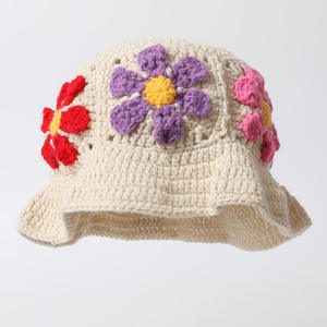 Crochet Retro Women's Bucket <b>Hat</b> Handmade Floral Hollow-Out Design Sweet Colorful Corduroy Breathable Waterproof Casual Four - Product Image 5