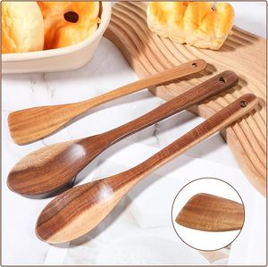 Natural Acacia Wood <b>Cooking</b> <b>Utensil</b> Set Long Handle <b>Wooden</b> Spoons Spatulas Nonstick Kitchen Tools EcoFriendly Durable Essential - Product Image 3