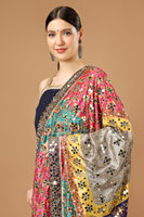 Dupatta long en soie brodé à la main, imprimé numériquement, motif floral, avec travail de miroir accrocheur, design ethnique élégant, pour Navratri Diwali