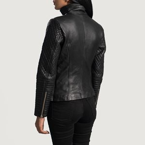 Chaqueta de motorista negra para mujer con tela Oxford forro de viscosa acolchado algodón y piel de oveja anilina forro de cremallera bolsillo transpirable - Product Image 4