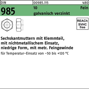 Tuercas Hexagonales Electro-Galvanizadas DIN 985 M20 X 2, Paquete de 10, 50 Piezas - Product Image 1