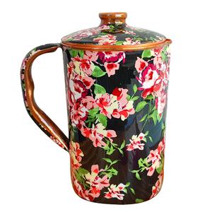 Jarra negra con estampado de vid floral. Esta hermosa y única jarra de agua de diseño impreso está hecha de cobre puro a precio de descuento - Product Image 1