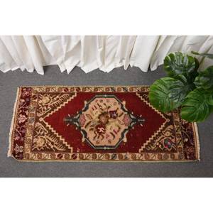 Alfombra Kilim de área grande, rojo y beige, 1,7x3,9 pies, tejido plano, lana turca, pelo de felpa, altura, patrón rectangular para alfombra de habitación de pasillo - Product Image 1