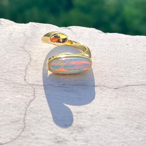 แหวนฮิปฮอปประดับโอปอลเอธิโอเปียทรงรียาว ปรับขนาดได้ ทำจากทองเหลืองชุบทอง 18k น้ำหนักเบา ดีไซน์โดดเด่น - Product Image 4