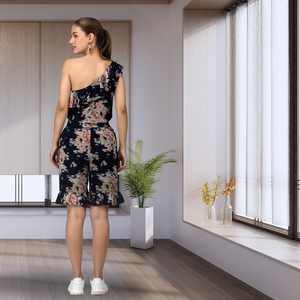 Modern High Fashion Navy <b>Blue</b> Asymmetrical One Shoulder Vintage <b>Crop</b> <b>Top</b> Ruffled Shorts Set Handmade Floral Embellishment Casual - Product Image 4