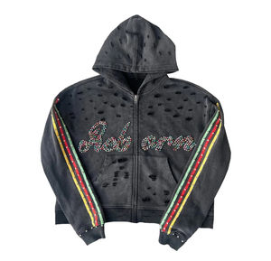Sudadera con Capucha Personalizada de Alta Calidad, Estilo Francés, Desgastada, Holgada, Corta, con Rayas, Gruesa, con Cierre y Pedrería - Product Image 1