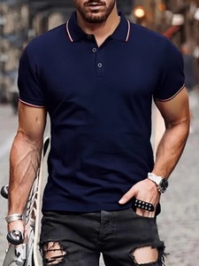 T-shirt polo décontracté de couleur unie pour homme Nouveau pull à manches courtes en tissu tricoté imprimé Chemise saisonnière - Product Image 2