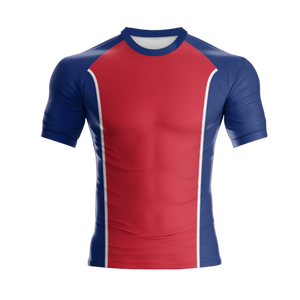 Camiseta de Rugby Personalizada Azul y Roja, Impresa por Transferencia de Calor, 100% Poliéster, de Alta Calidad, Transpirable, Cómoda y Antibacteriana - Product Image 3