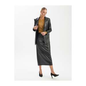 Chaqueta Kusakli Suni para Mujer, Manga Larga, Doble Bolsillo, con Cinturón, Sin Forro, Elegante, de Piel Sintética - Product Image 2