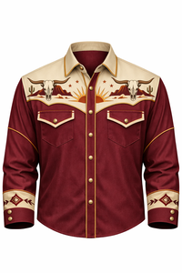 Camisa Vaquera Occidental Unisex de Manga Larga con Botones, Bordada, Estilo Rodeo, Vintage, Casual, Corte Ajustado, Ribete en Contraste, Personalizada OEM - Product Image 1