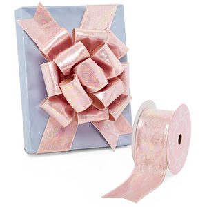 Metallic Pink Iridescent <b>Wired</b> <b>Ribbon</b> Luxury Floral Silk and Polyester for Wedding and Birthday Gift Packaging Decorations - Product Image 1