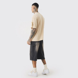 Charcoal Black High Street Solid Carpenter-Style Denim Jorts Hombres Robusto Ropa DE TRABAJO Inspirado en ajuste relajado Cintura elástica 3D - Product Image 2