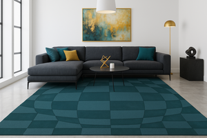 100% Wool <b>Teal</b> Modern Geometrical 3D Check Mate Design Handloomed Carved Texture Medium Pile Thin Rectangle Area <b>Rug</b> Set - Product Image 6