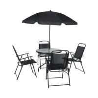 Ensemble de meubles d'extérieur modernes et minimalistes, 6 pièces, avec table en verre, quatre chaises pliantes et parasol central pour patios et terrasses
