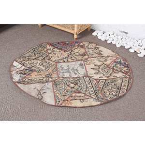 Vintage Turkish Wool <b>Rug</b> Beige <b>Blue</b> 3.3 X 3.4 ft <b>Large</b> Area Abstract Patchwork Pattern for Hallway Teen's Room Latex Backing - Product Image 3